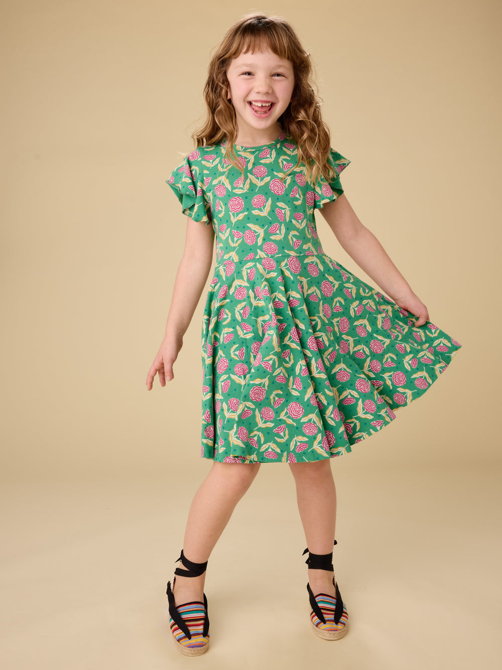 Flutter Sleeve Twirl Dress - Carnation Toss