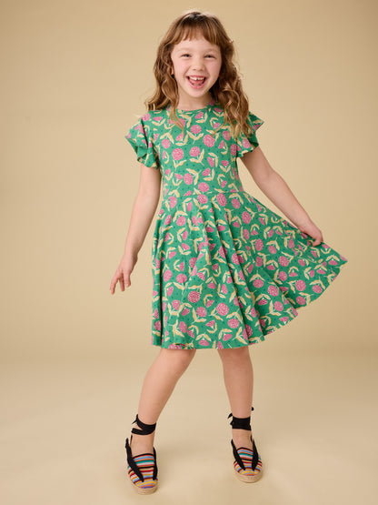 Flutter Sleeve Twirl Dress - Carnation Toss