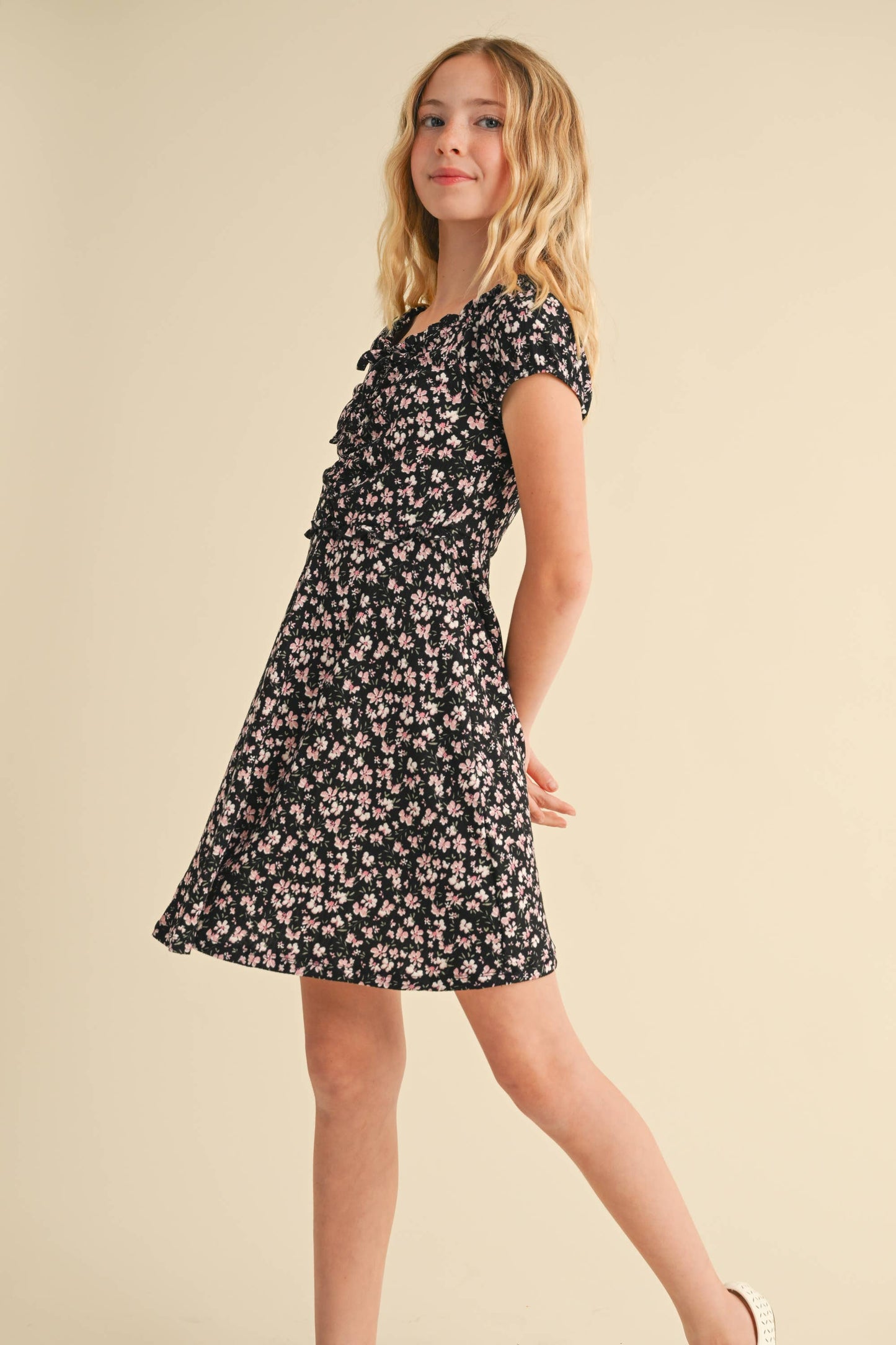TWEEN KIDS GIRLS PUFF SLEEVE CINCH FRONT DRESS (7-12)