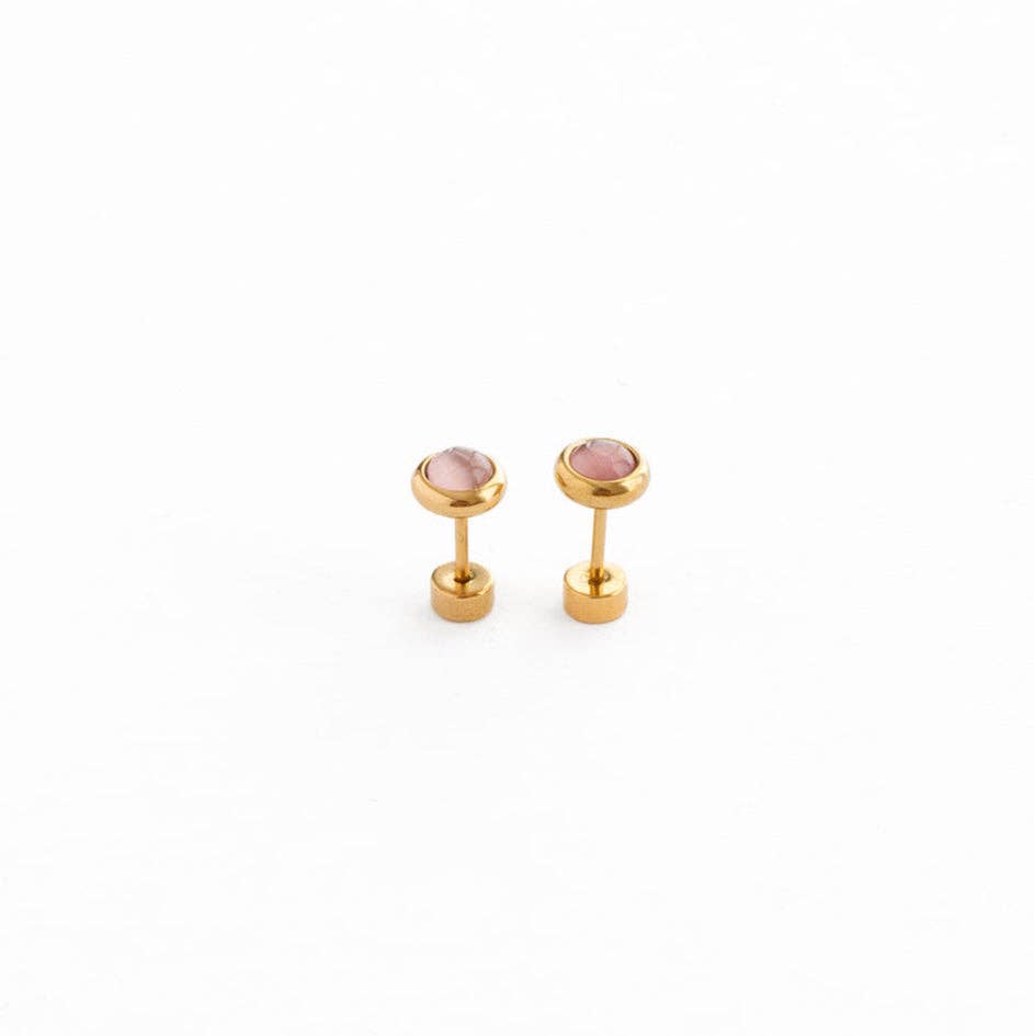 Rose Quartz Stud Earrings - Hypoallergenic, Flat Back, Girl