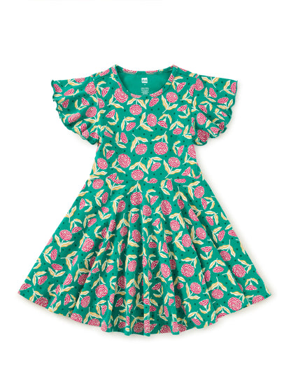 Flutter Sleeve Twirl Dress - Carnation Toss
