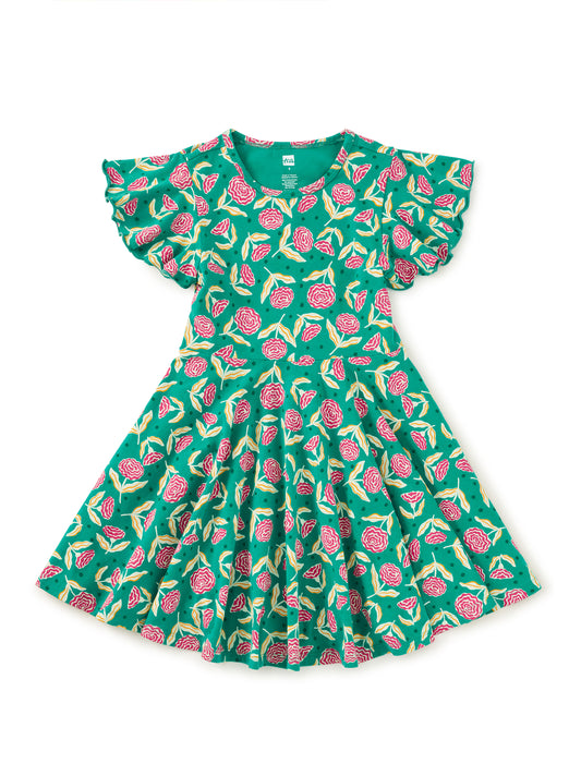 Flutter Sleeve Twirl Dress - Carnation Toss