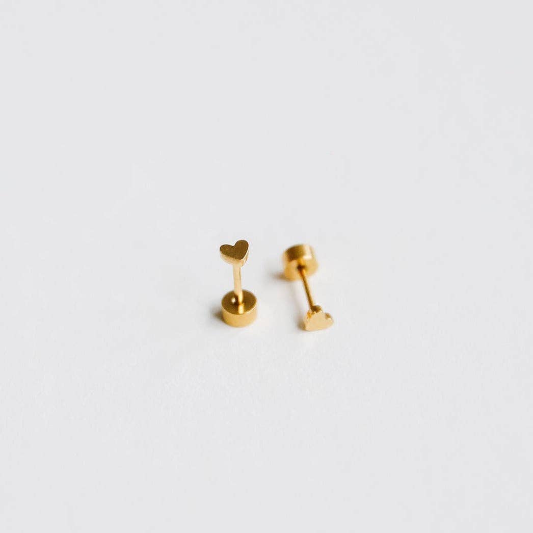 Mini Heart Stud Earrings - Hypoallergenic, Flat Back, Girl