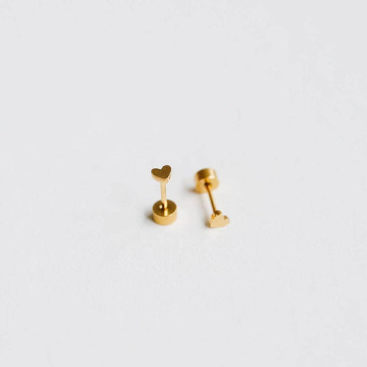 Mini Heart Stud Earrings - Hypoallergenic, Flat Back, Girl