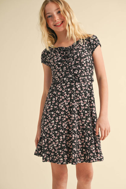 TWEEN KIDS GIRLS PUFF SLEEVE CINCH FRONT DRESS (7-12)