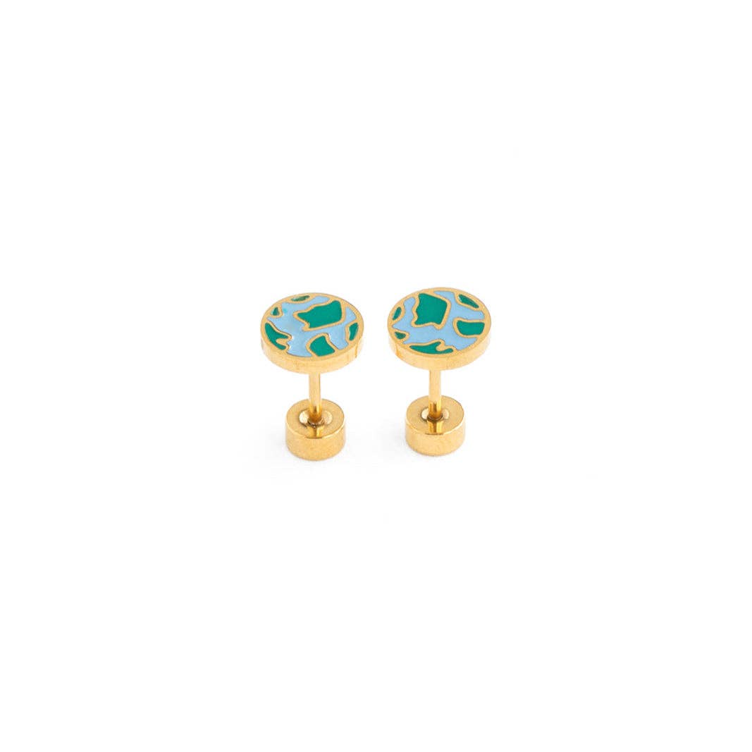 Earth Stud Earrings - Hypoallergenic, Flat Back, Girl Gift
