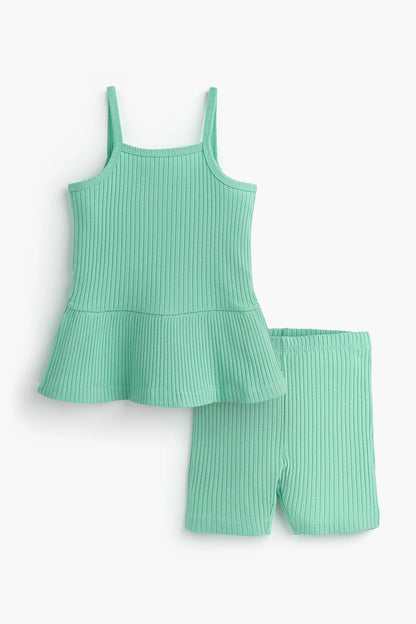 Ribbed Peplum Tank + Short Set- Green
