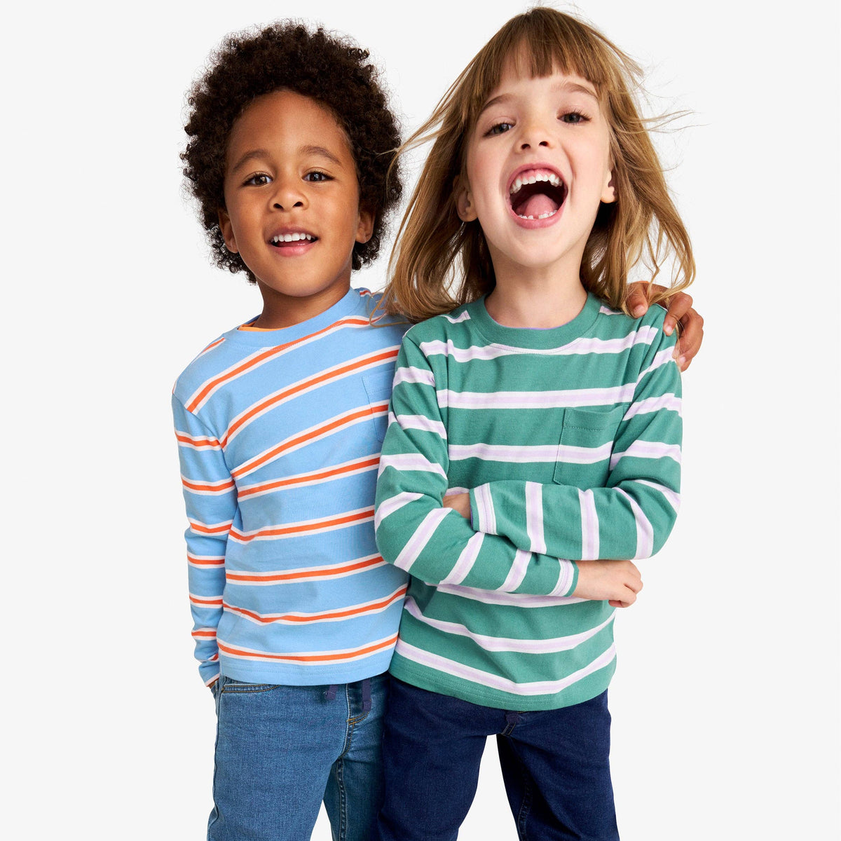 Kids long sleeve pocket tee in varsity stripe