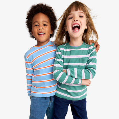 Kids long sleeve pocket tee in varsity stripe