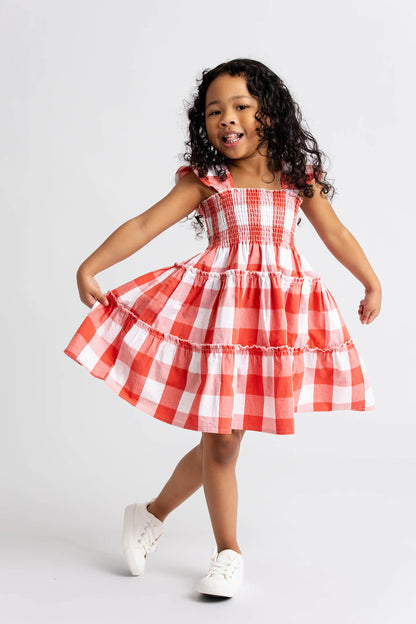 Kids Flutter Sleeve Dress- Red Gingham