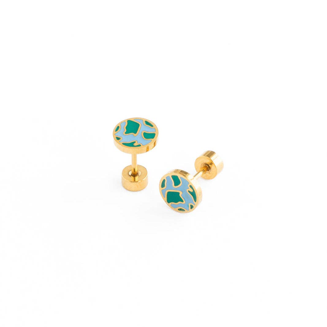 Earth Stud Earrings - Hypoallergenic, Flat Back, Girl Gift