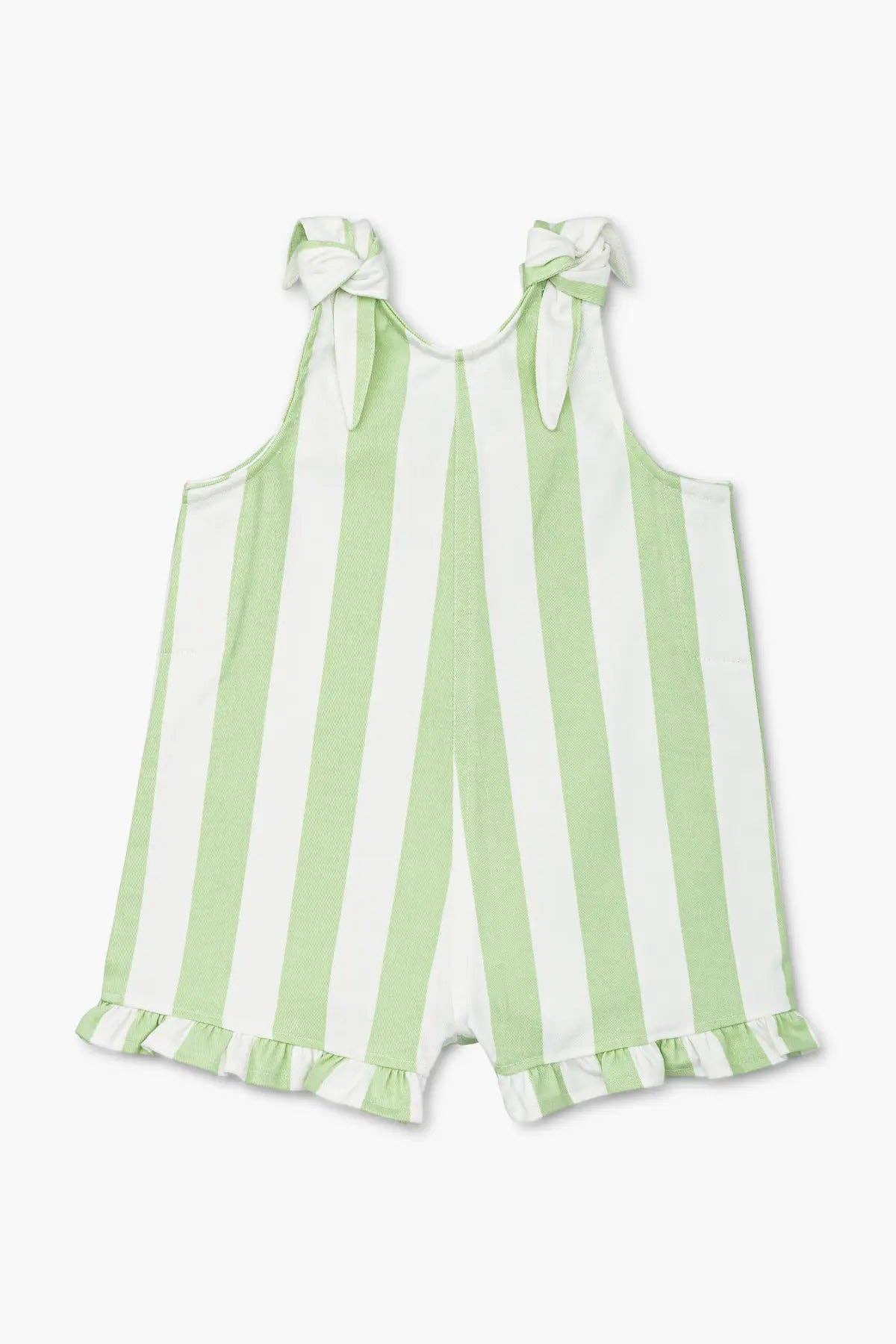 Ruffle Tie Romper- Green Cabana Stripe
