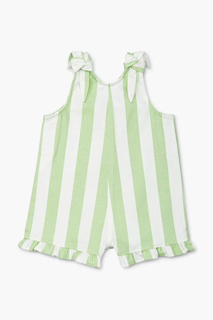Ruffle Tie Romper- Green Cabana Stripe