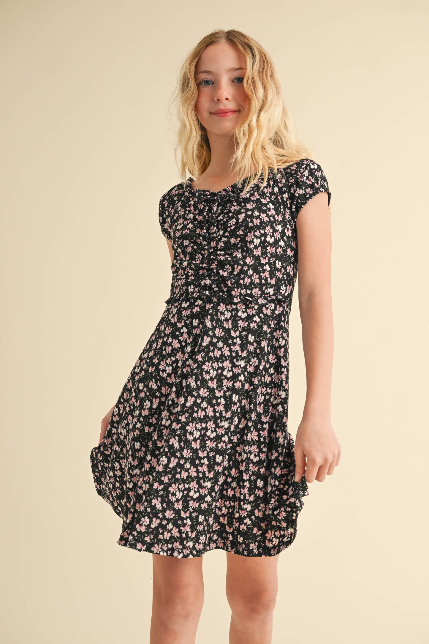 TWEEN KIDS GIRLS PUFF SLEEVE CINCH FRONT DRESS (7-12)