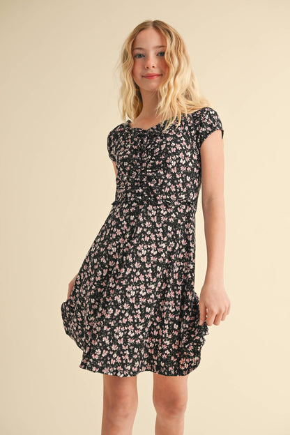 TWEEN KIDS GIRLS PUFF SLEEVE CINCH FRONT DRESS (7-12)