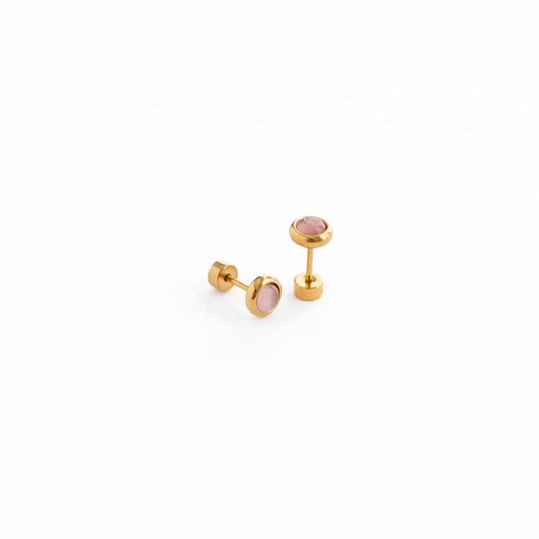 Rose Quartz Stud Earrings - Hypoallergenic, Flat Back, Girl